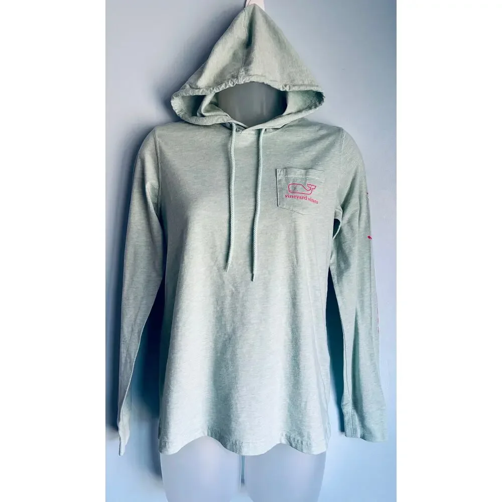 Vineyard Vines Logo Hooded Long Sleeve Tee Sz XS Green and Pink